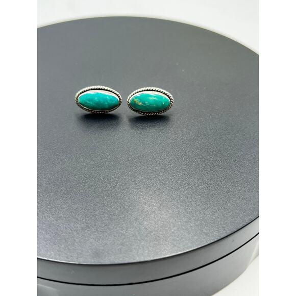 Signed Sterling Silver Turquoise Oval Rope Bezel Post Stud Earrings 17mm - Picture 2 of 14